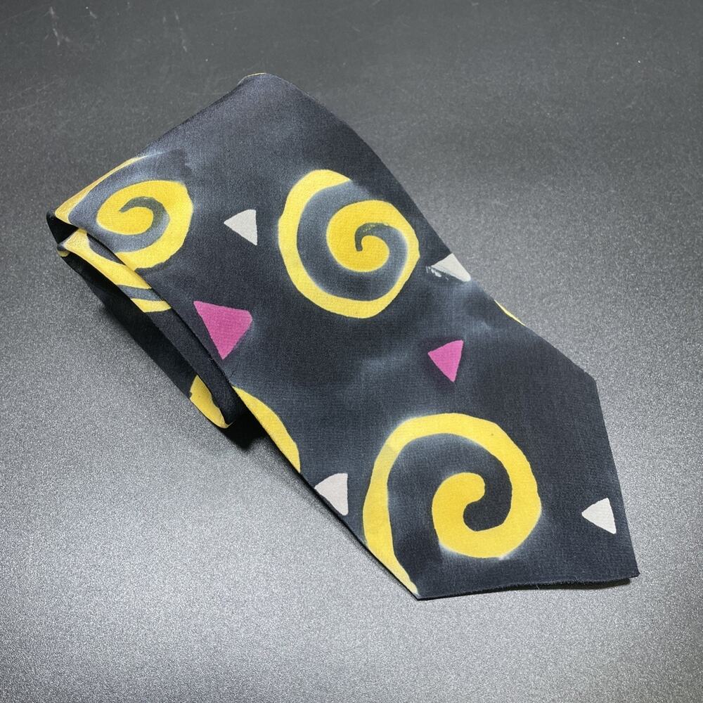 Vtg Marienbad Abstract Swirl Necktie Black Yellow Pink Designer 3.75” Artwear